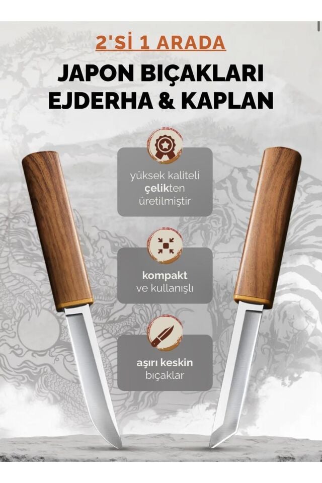 Valkyrie 2’li Japon Tanto Şef Bıçağı Seti – Paslanmaz Çelik, Kılıflı, Ultra Keskin Kamp & Mutfak Bıçak Seti Kahve