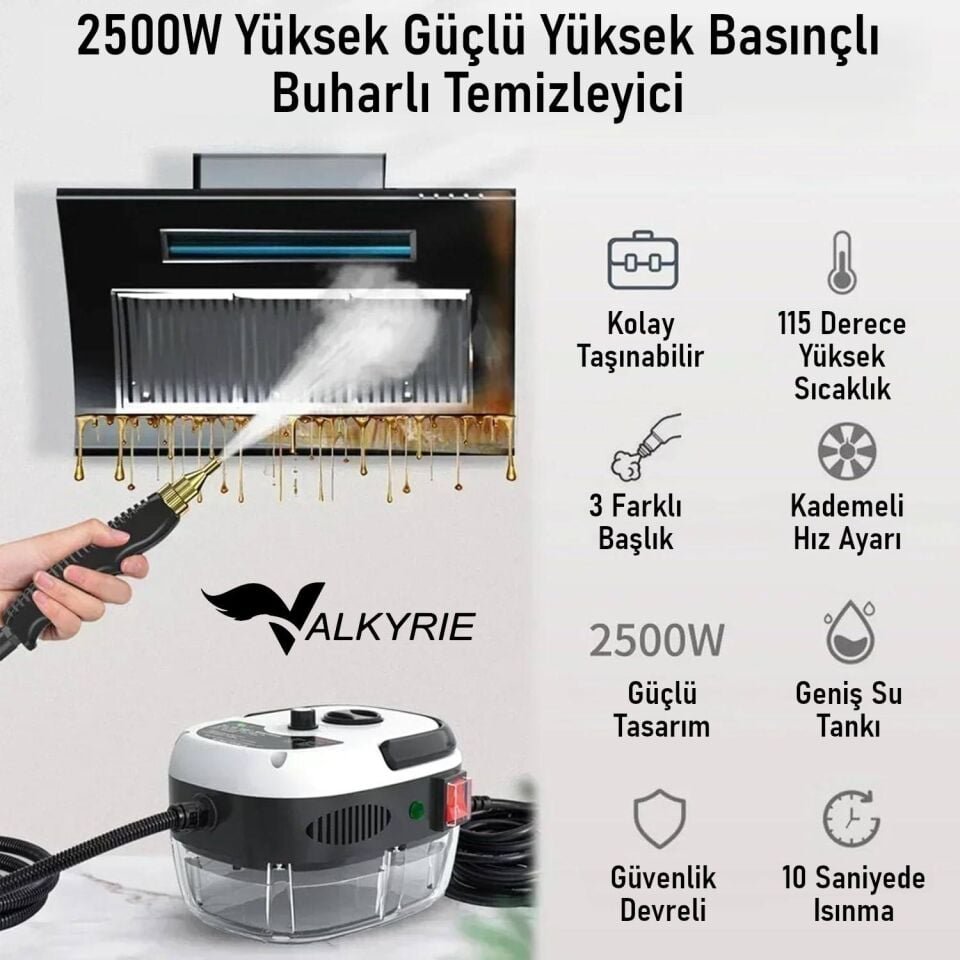Valkyrie 2500W Yüksek Basınçlı Buharlı Temizleyici 115°C 3 Başlık Ayarlanabilir Güç Derin Temizlik Makinesi