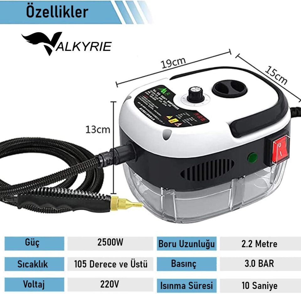Valkyrie 2500W Yüksek Basınçlı Buharlı Temizleyici 115°C 3 Başlık Ayarlanabilir Güç Derin Temizlik Makinesi