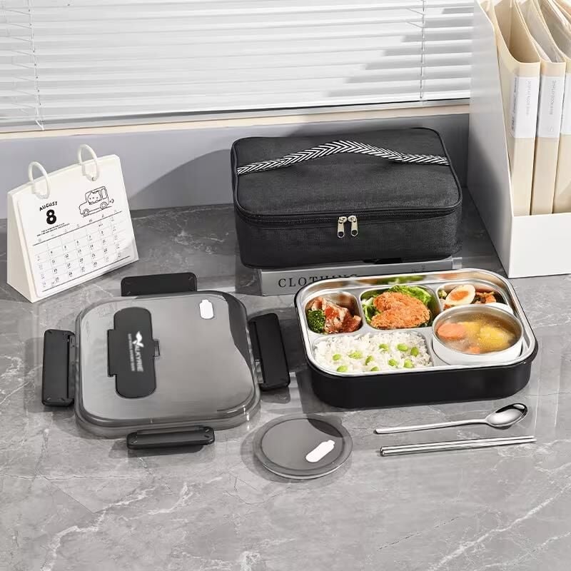 Valkyrie 304 Paslanmaz Çelik Lunch Box 2400 ML Termal Taşıma Çantalı 5 Bölmeli Sızdırmaz Yemek Kabı Çatal Kaşık Dahil Siyah