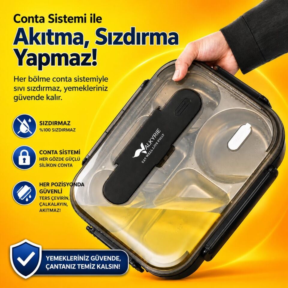 Valkyrie 304 Paslanmaz Çelik Lunch Box 2400 ML Termal Taşıma Çantalı 5 Bölmeli Sızdırmaz Yemek Kabı Çatal Kaşık Dahil Siyah