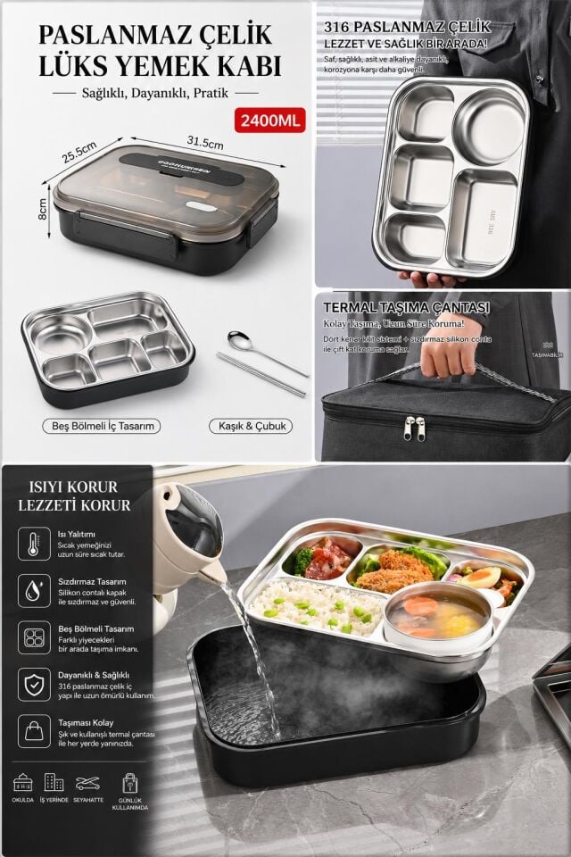 Valkyrie 304 Paslanmaz Çelik Lunch Box 2400 ML Termal Taşıma Çantalı 5 Bölmeli Sızdırmaz Yemek Kabı Çatal Kaşık Dahil Siyah