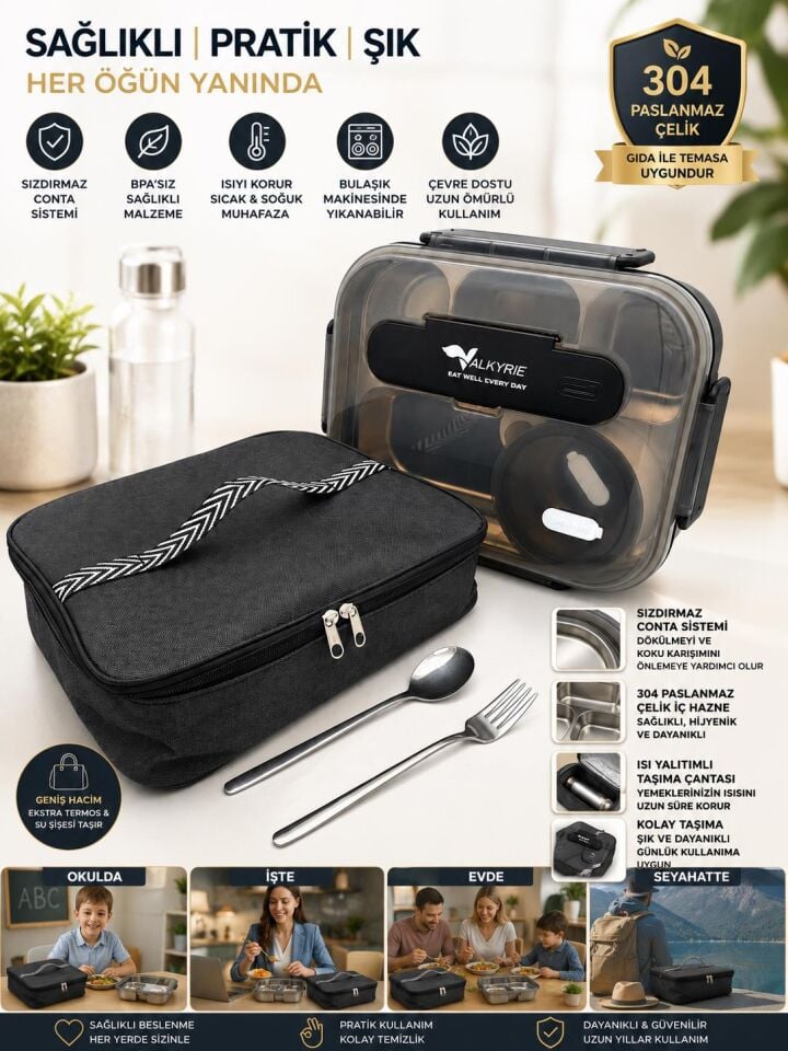 Valkyrie 304 Paslanmaz Çelik Lunch Box 2400 ML Termal Taşıma Çantalı 5 Bölmeli Sızdırmaz Yemek Kabı Çatal Kaşık Dahil Siyah