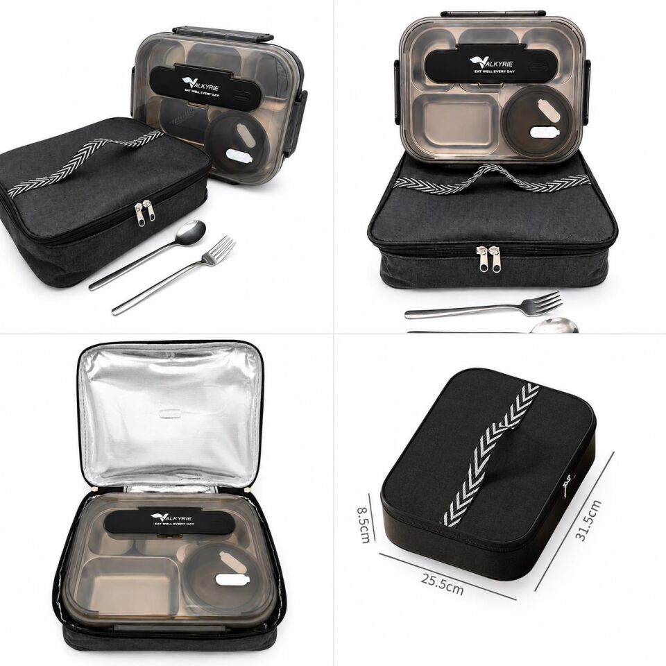 Valkyrie 304 Paslanmaz Çelik Lunch Box 2400 ML Termal Taşıma Çantalı 5 Bölmeli Sızdırmaz Yemek Kabı Çatal Kaşık Dahil Siyah