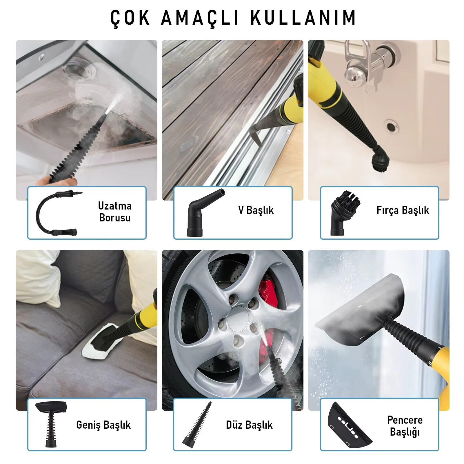 Valkyrie 2500W El Tipi Buharlı Temizleyici – 3 Bar Basınç, 360° Döner Başlık, 9 Parça Aparatlı, Çok Amaçlı Kullanım