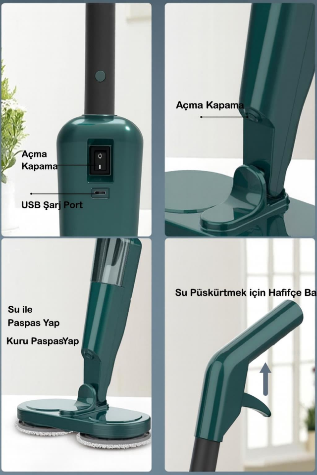 Valkyrie Şarjlı Su Püskürtmeli Elektrikli Mop – Çift Döner Başlık, Mikrofiber Ped, 2000 mAh, Tüm Zeminlerde Etkili Yeşil