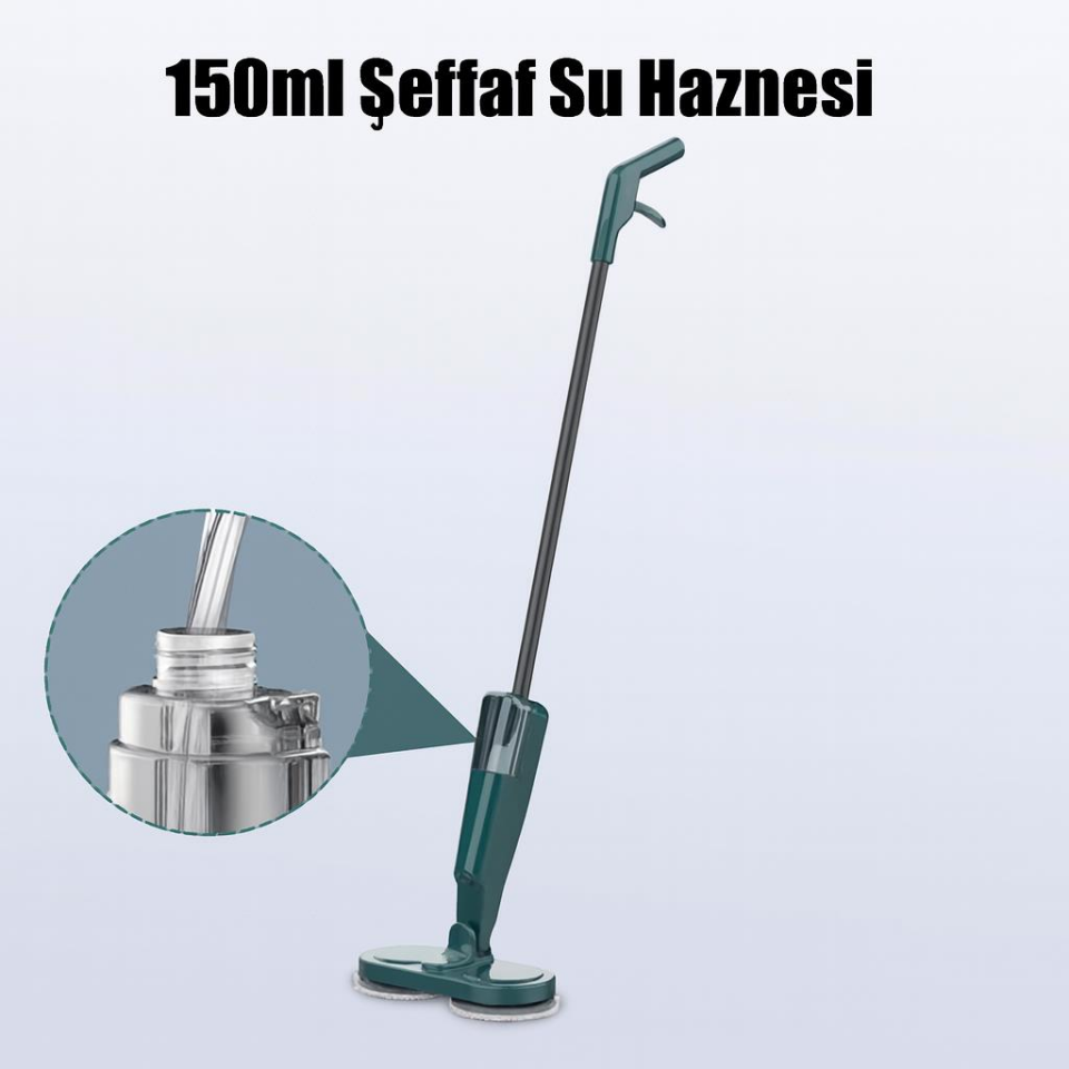 Valkyrie Şarjlı Su Püskürtmeli Elektrikli Mop – Çift Döner Başlık, Mikrofiber Ped, 2000 mAh, Tüm Zeminlerde Etkili Yeşil
