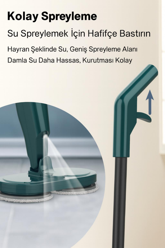 Valkyrie Şarjlı Su Püskürtmeli Elektrikli Mop – Çift Döner Başlık, Mikrofiber Ped, 2000 mAh, Tüm Zeminlerde Etkili Yeşil