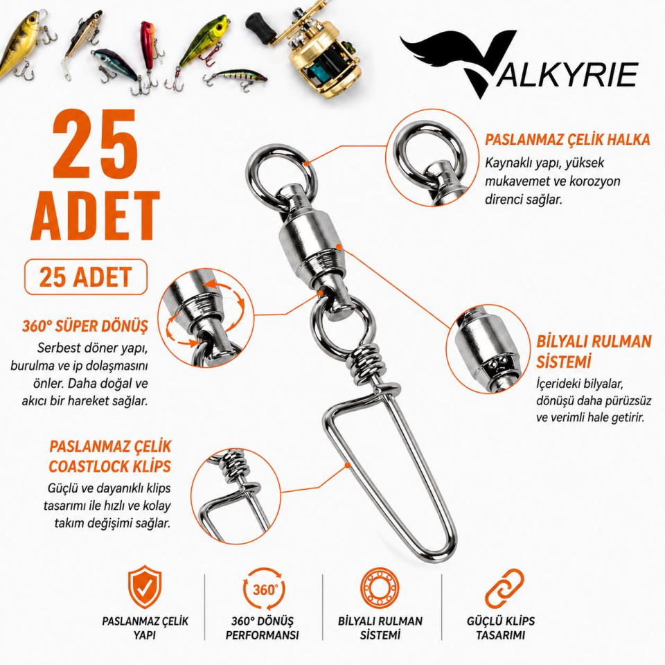 Valkyrie 25 Adet Rulmanlı Döner Klips Coastlock Snap – 360° Paslanmaz Çelik Fırdöndü Set #6