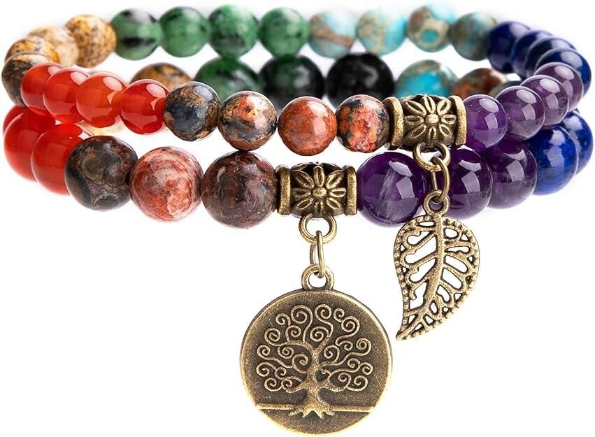 Valkyrie 7 Çakra Doğal Taş Bileklik – Yaşam Ağacı & Yaprak Charm, Meditasyon ve Enerji Dengeleyici Bileklik
