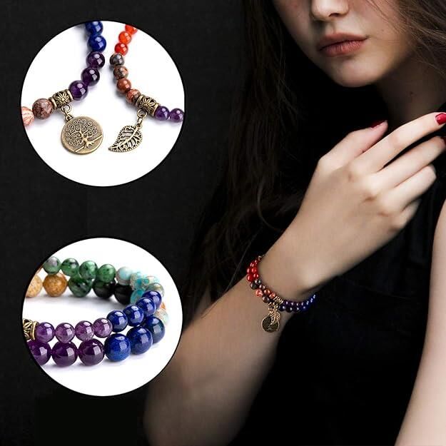 Valkyrie 7 Çakra Doğal Taş Bileklik – Yaşam Ağacı & Yaprak Charm, Meditasyon ve Enerji Dengeleyici Bileklik