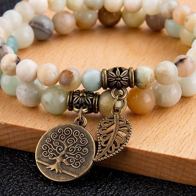 Valkyrie Doğal Amazonit Taşı Bileklik Seti Hayat Ağacı & Yaprak Charm El Yapımı Enerji Dengeleyici