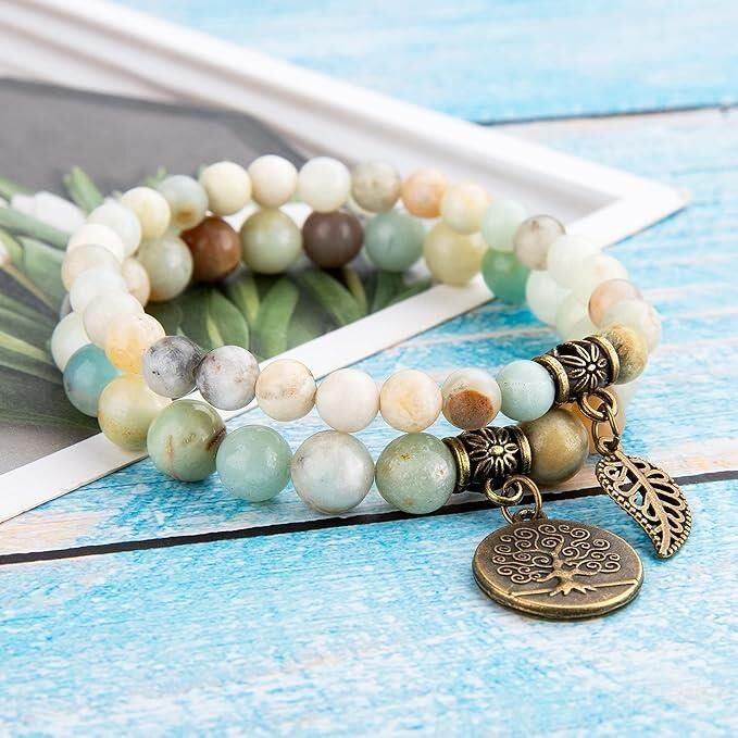 Valkyrie Doğal Amazonit Taşı Bileklik Seti Hayat Ağacı & Yaprak Charm El Yapımı Enerji Dengeleyici