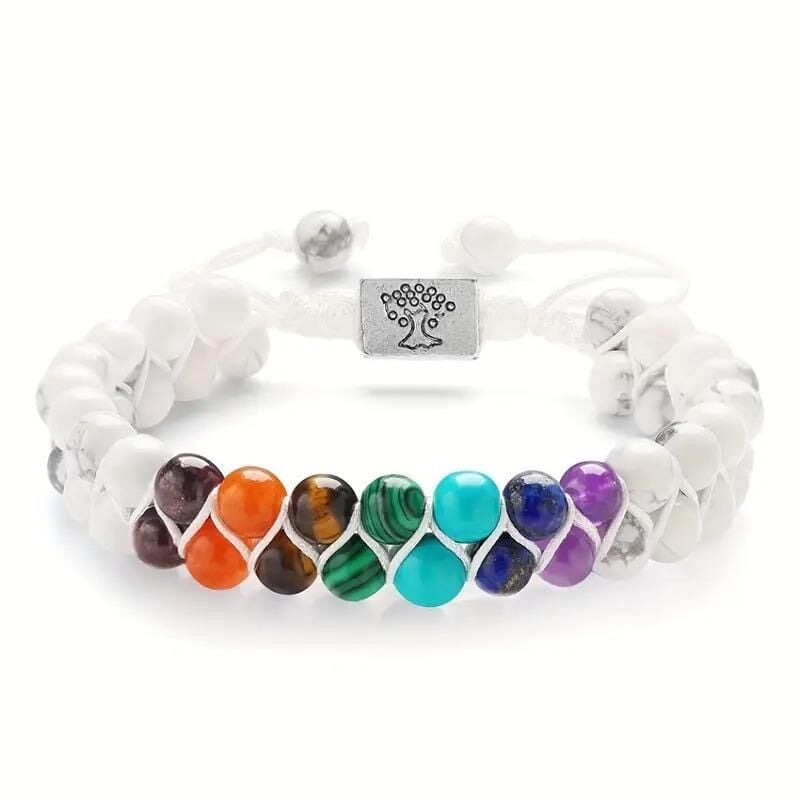 Valkyrie 7 Çakra Doğal Taş Bileklik – Howlite Beyaz – Ayarlanabilir Makrome Unisex Enerji Bilekliği