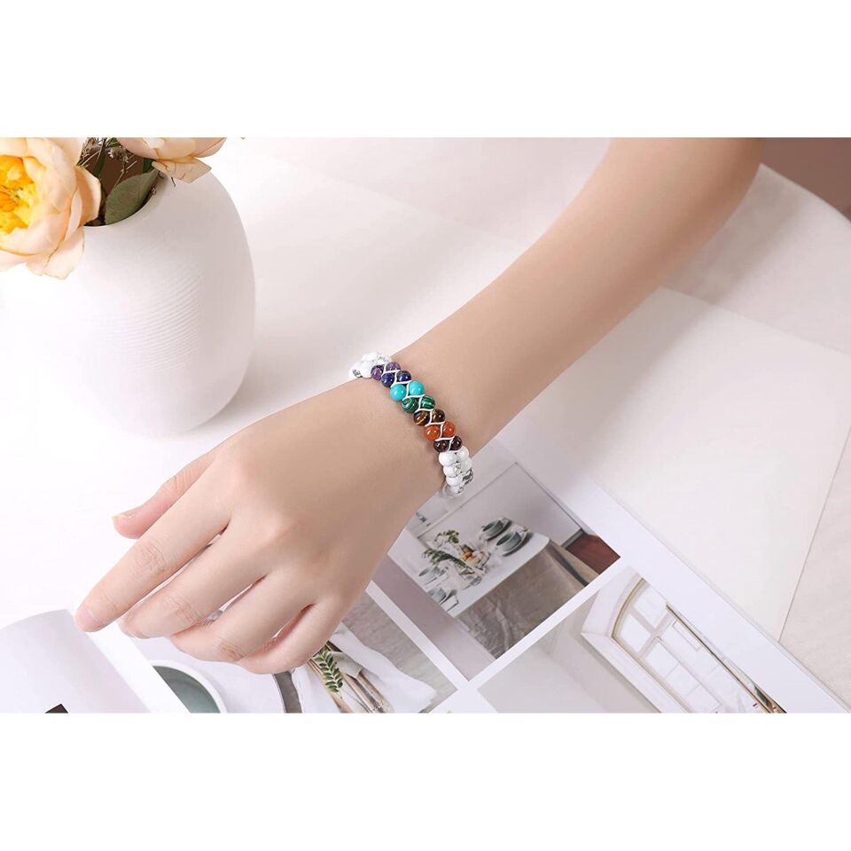 Valkyrie 7 Çakra Doğal Taş Bileklik – Howlite Beyaz – Ayarlanabilir Makrome Unisex Enerji Bilekliği