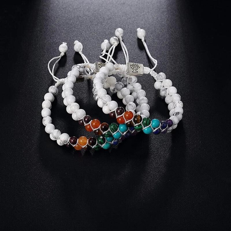 Valkyrie 7 Çakra Doğal Taş Bileklik – Howlite Beyaz – Ayarlanabilir Makrome Unisex Enerji Bilekliği