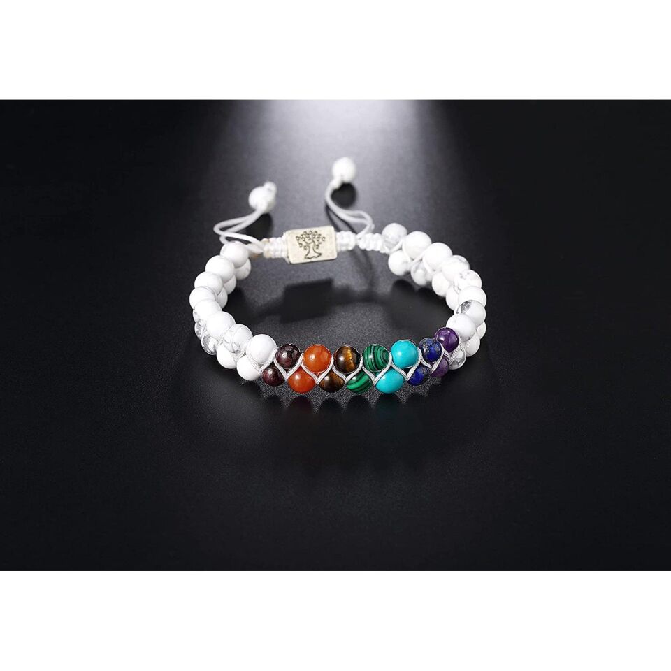 Valkyrie 7 Çakra Doğal Taş Bileklik – Howlite Beyaz – Ayarlanabilir Makrome Unisex Enerji Bilekliği