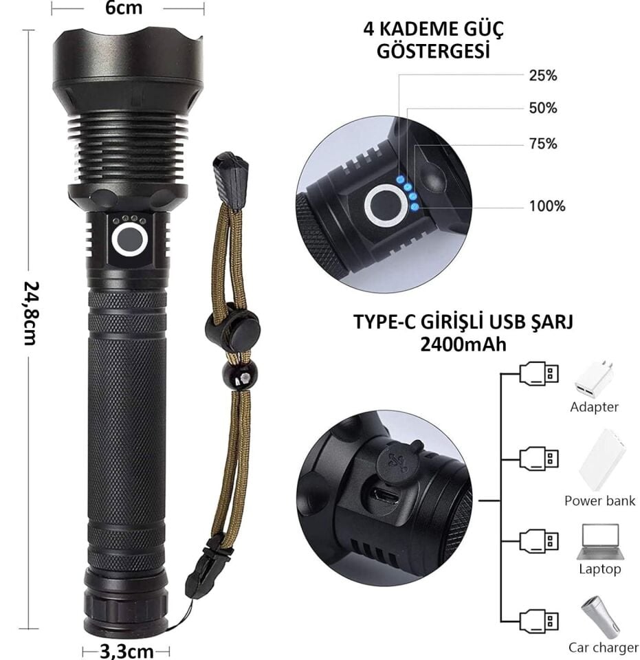 Valkyrie Şarjlı LED Ultra Güçlü El Feneri 2400mAh Zoom Darbeye Suya Dayanıklı 1. Kalite