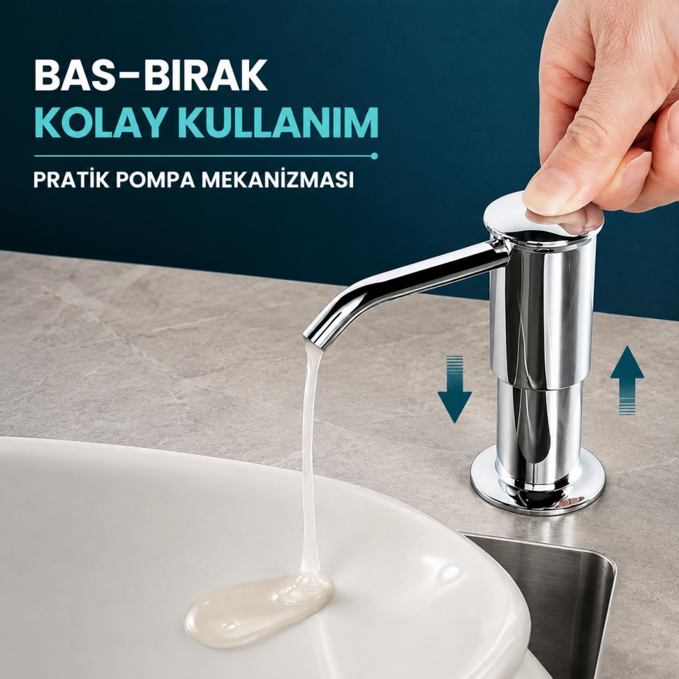 Valkyrie Ankastre Sıvı Sabunluk Bulaşık Deterjanı Pompası 304 Paslanmaz Çelik 1 Metre Hortumlu Gümüş