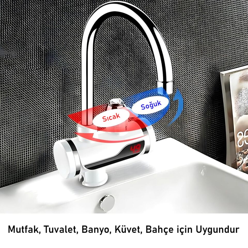 Valkyrie Ani Su Isıtıcılı Musluk Elektrikli Şofben Musluk Dijital Göstergeli 3000W