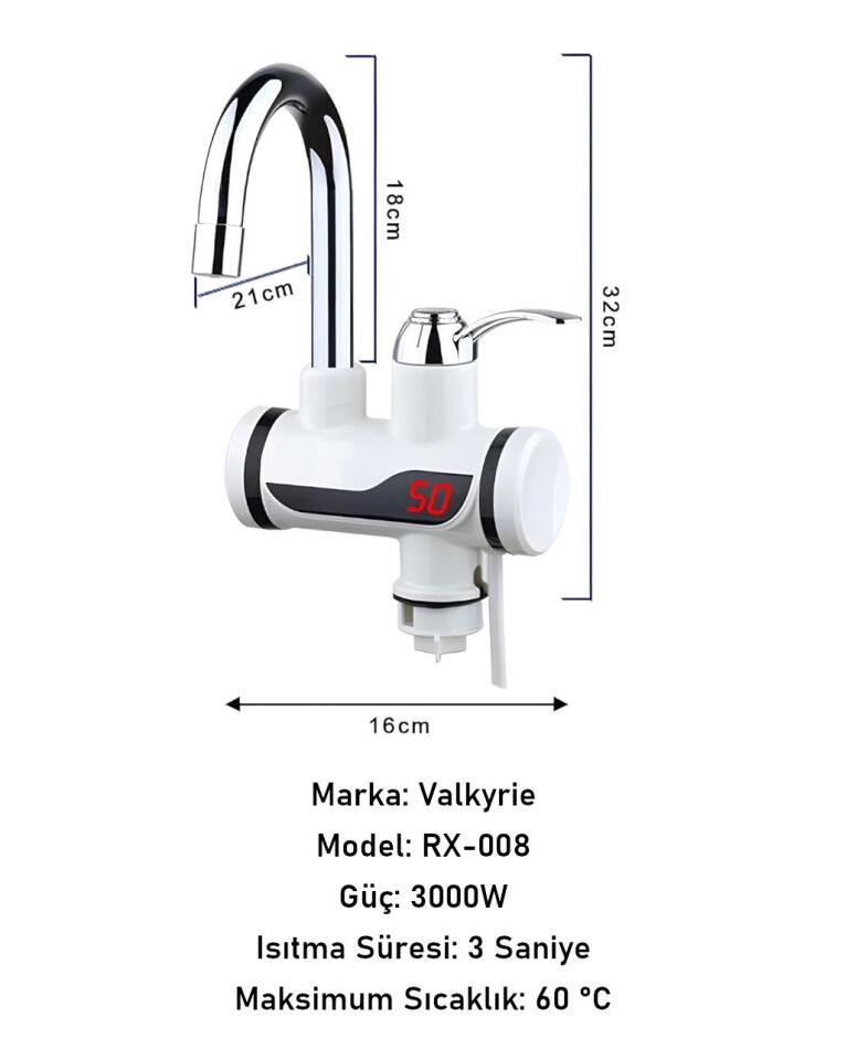 Valkyrie Ani Su Isıtıcılı Musluk Elektrikli Şofben Musluk Dijital Göstergeli 3000W