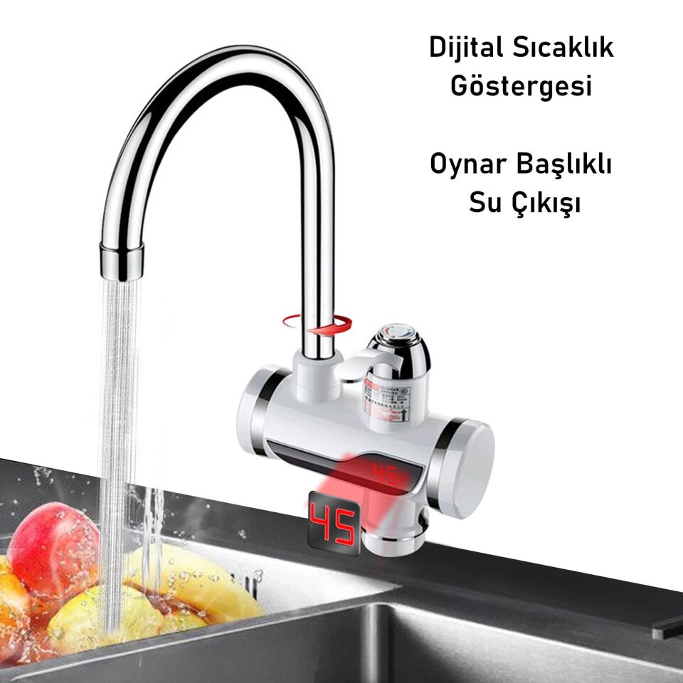 Valkyrie Ani Su Isıtıcılı Musluk Elektrikli Şofben Musluk Dijital Göstergeli 3000W
