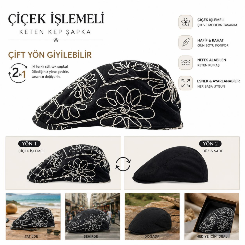 Valkyrie Kadın Çiçek İşlemeli Keten Kasket Şapka Siyah Beyaz Yazlık Hafif ve Şık Kep Şapka
