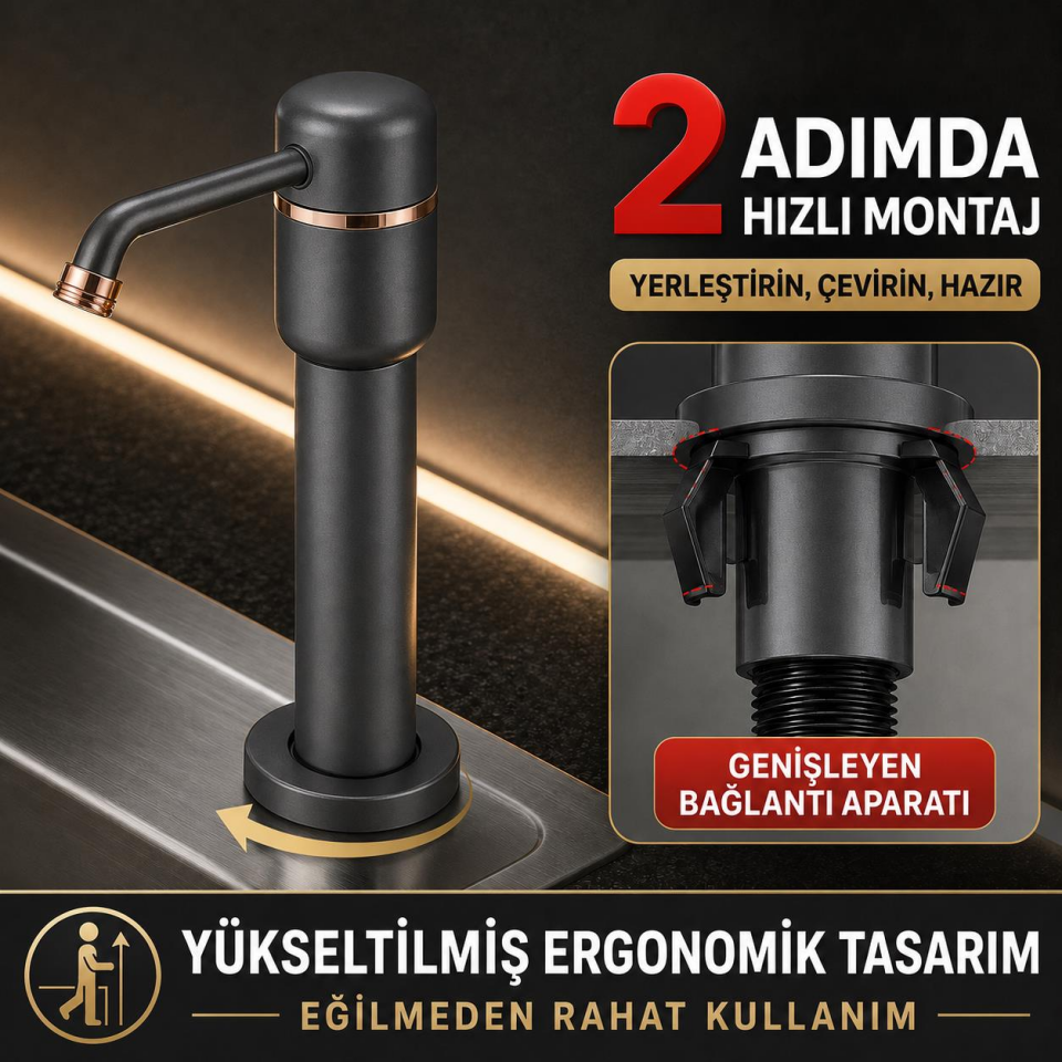Valkyrie Tezgah Üstü Ankastre Sıvı Sabunluk Pompası 360° Döner Paslanmaz Sabun Dispenseri Siyah