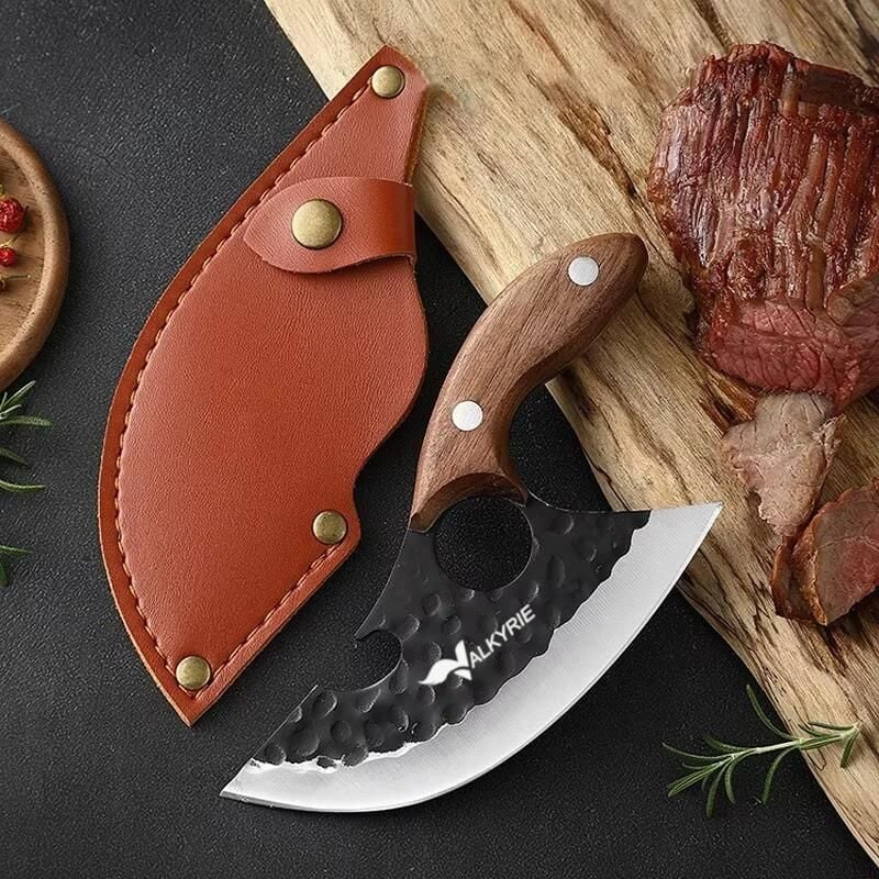Valkyrie Outdoor Kamp Et Sebze Doğrama Satırı Kılıflı Bıçak Ahşap Saplı Çok Amaçlı Kahve