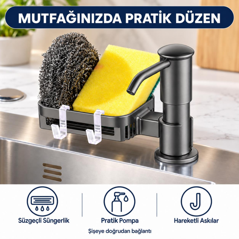 Valkyrie Tezgah Üstü Ankastre Sıvı Sabunluk Pompası 360° Döner Paslanmaz Sabun Dispenseri Siyah