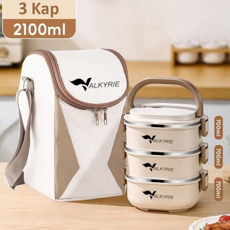 Valkyrie 3 Katlı Yemek Kabı 2100 ml – Termal Çantalı Lunch Box, 304 Paslanmaz Çelik, BPA İçermez