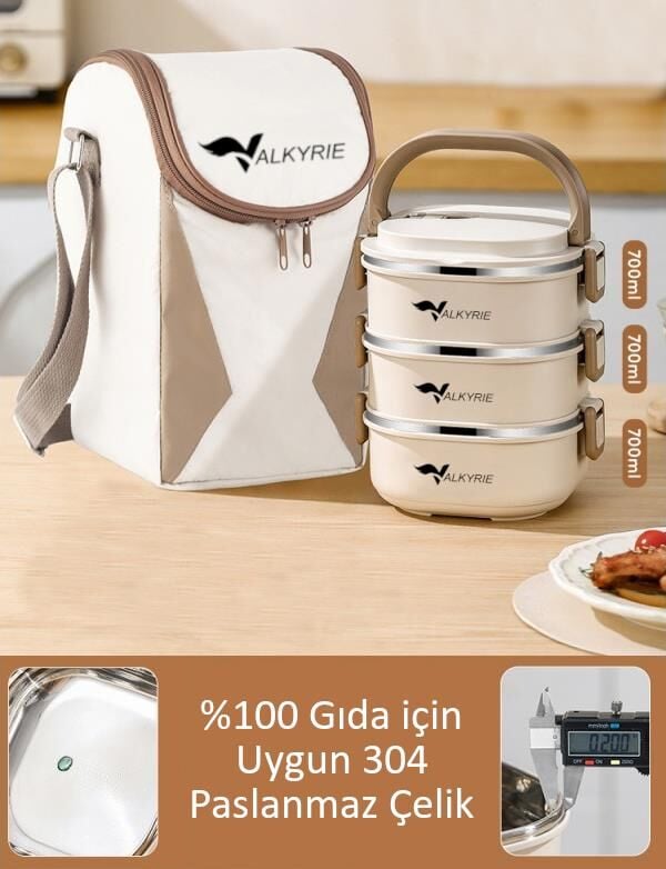 Valkyrie 3 Katlı Yemek Kabı 2100 ml – Termal Çantalı Lunch Box, 304 Paslanmaz Çelik, BPA İçermez