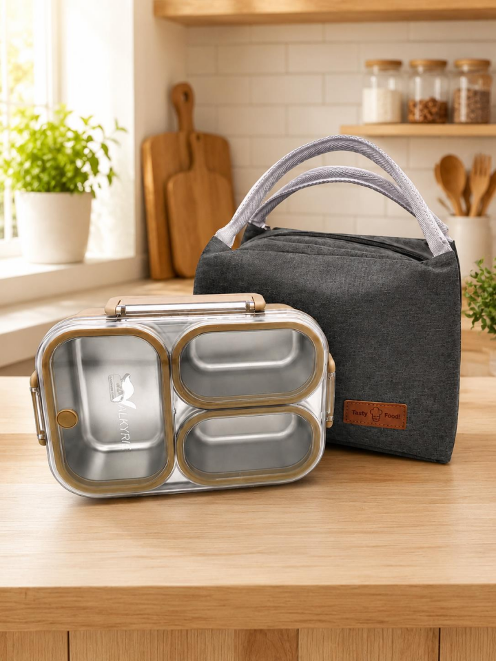 Valkyrie 304 Paslanmaz Çelik 3 Bölmeli Kahve Lunch Box Termal Çantalı – Sızdırmaz Kapaklı Beslenme Kabı,