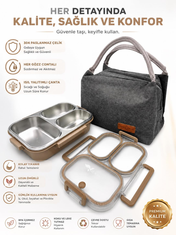 Valkyrie 304 Paslanmaz Çelik 3 Bölmeli Kahve Lunch Box Termal Çantalı – Sızdırmaz Kapaklı Beslenme Kabı,