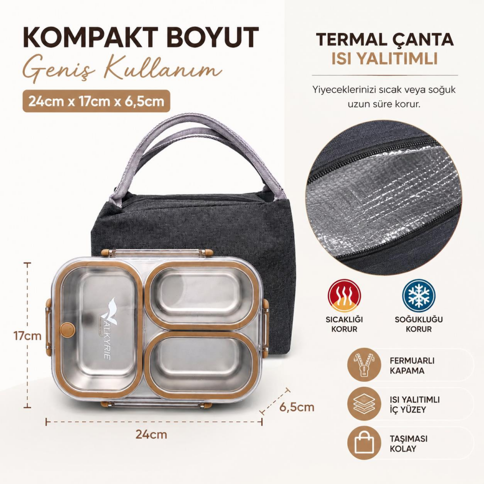Valkyrie 304 Paslanmaz Çelik 3 Bölmeli Kahve Lunch Box Termal Çantalı – Sızdırmaz Kapaklı Beslenme Kabı,