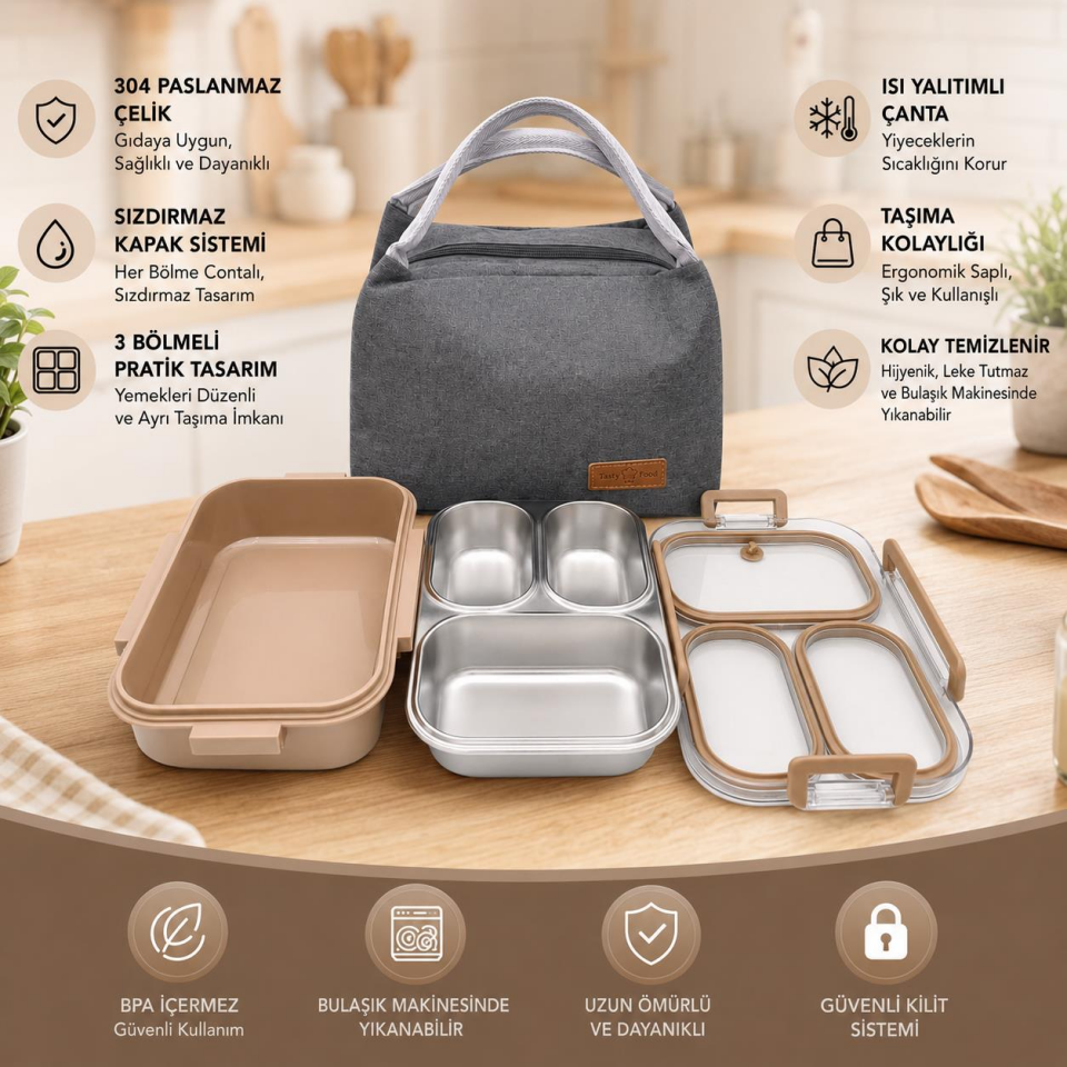Valkyrie 304 Paslanmaz Çelik 3 Bölmeli Kahve Lunch Box Termal Çantalı – Sızdırmaz Kapaklı Beslenme Kabı,