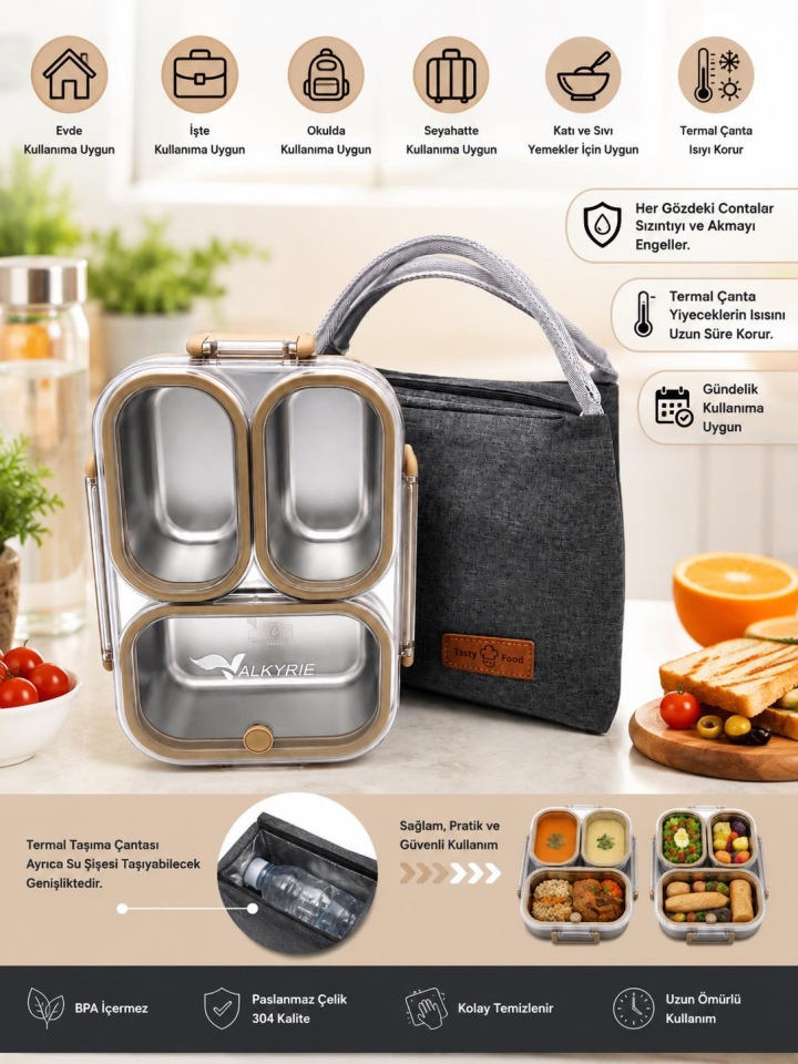 Valkyrie 304 Paslanmaz Çelik 3 Bölmeli Kahve Lunch Box Termal Çantalı – Sızdırmaz Kapaklı Beslenme Kabı,