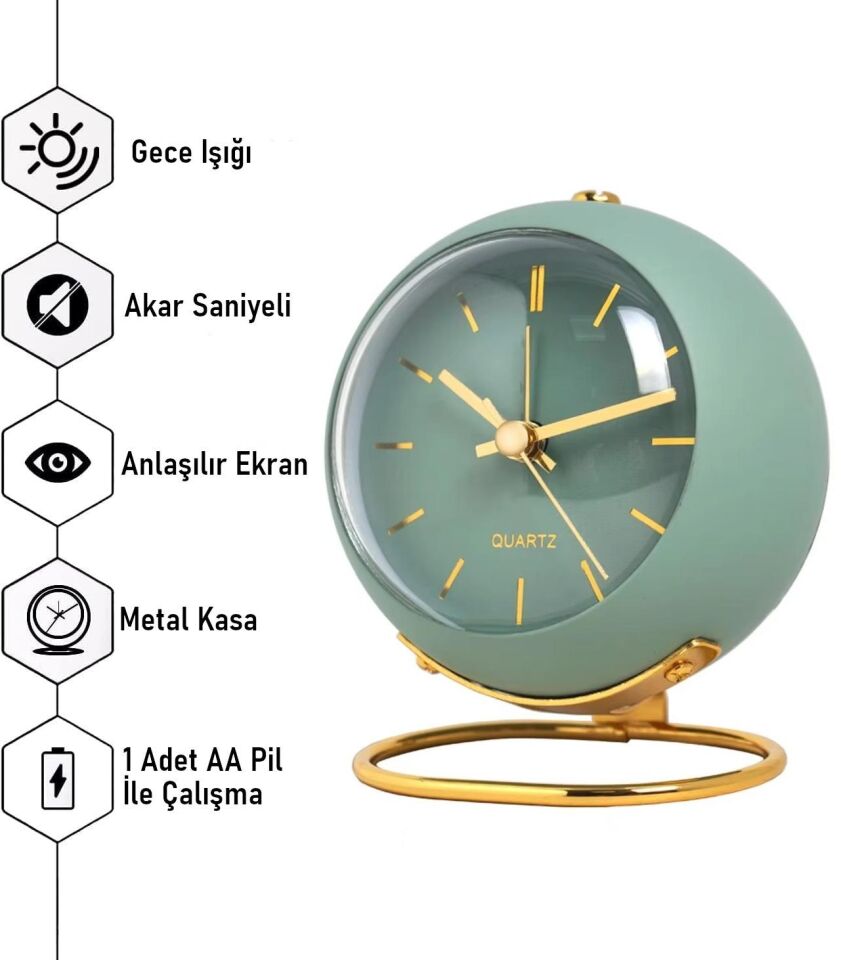 Valkyrie Akar Saniyeli Işıklı Metal Gold Dijital Masa Saati Alarmlı Yeşil
