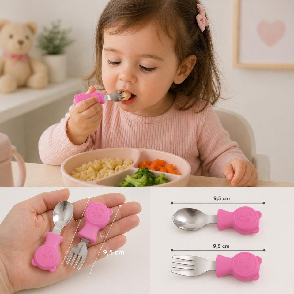 Valkyrie 304 Çelik Panda Bebek Kaşık Çatal SetiSilikon Saplı BPA İçermez Ergonomik Kaymaz Fuşya