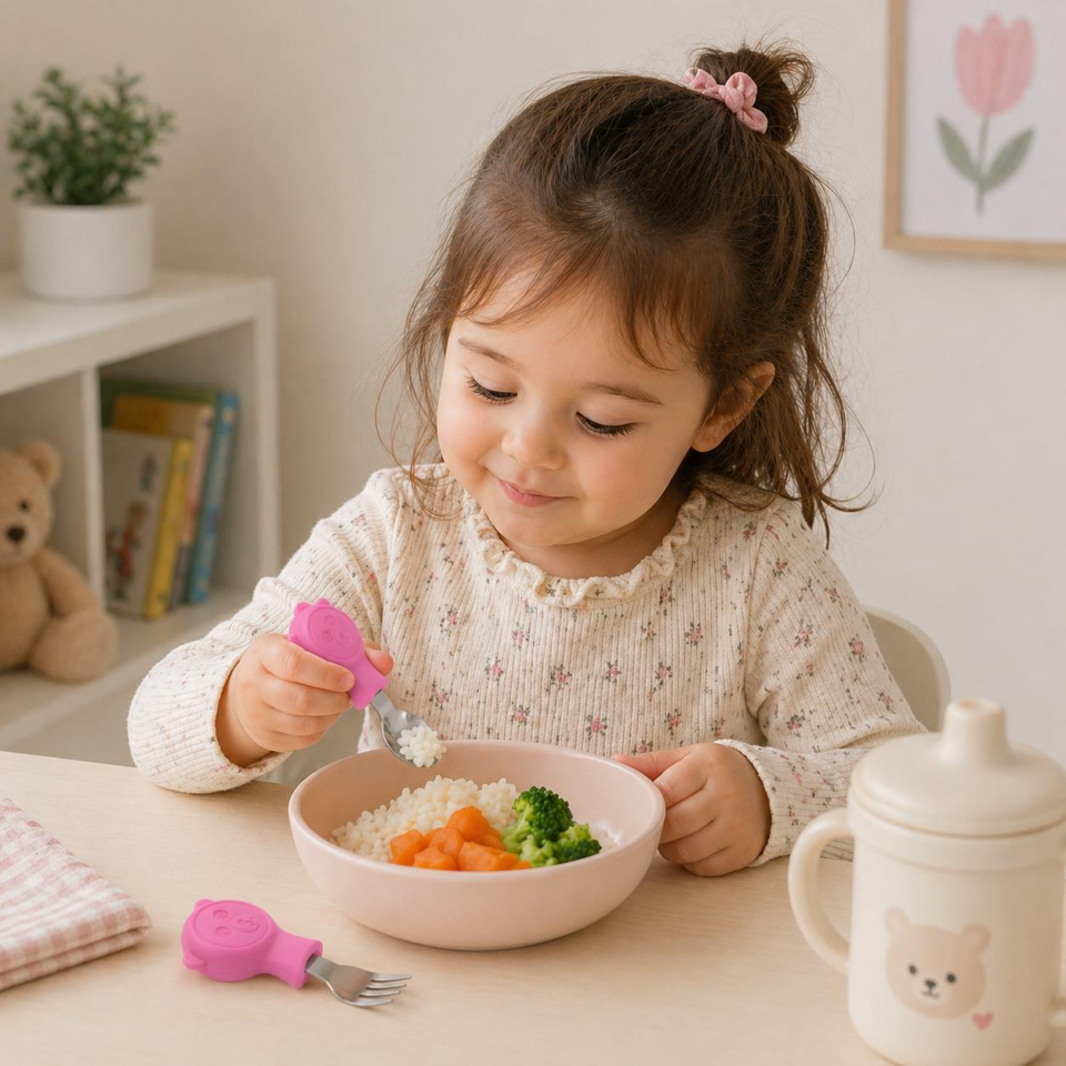 Valkyrie 304 Çelik Panda Bebek Kaşık Çatal SetiSilikon Saplı BPA İçermez Ergonomik Kaymaz Fuşya