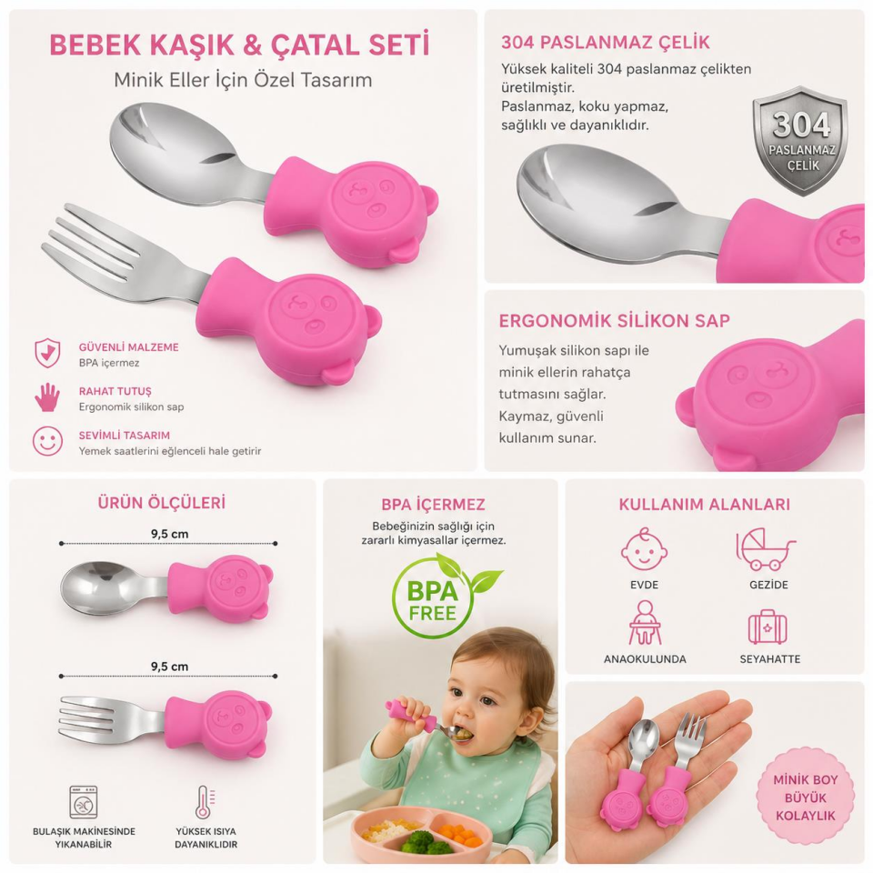 Valkyrie 304 Çelik Panda Bebek Kaşık Çatal SetiSilikon Saplı BPA İçermez Ergonomik Kaymaz Fuşya