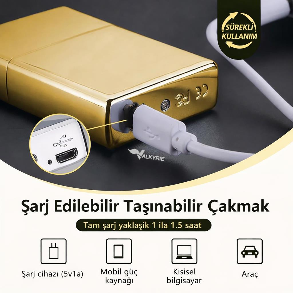 Valkyrie USB Şarjlı Elektronik Çakmak | 4 Elektrotlu X Tip Mor Arc | Rüzgar Geçirmez, Alevsiz Gold