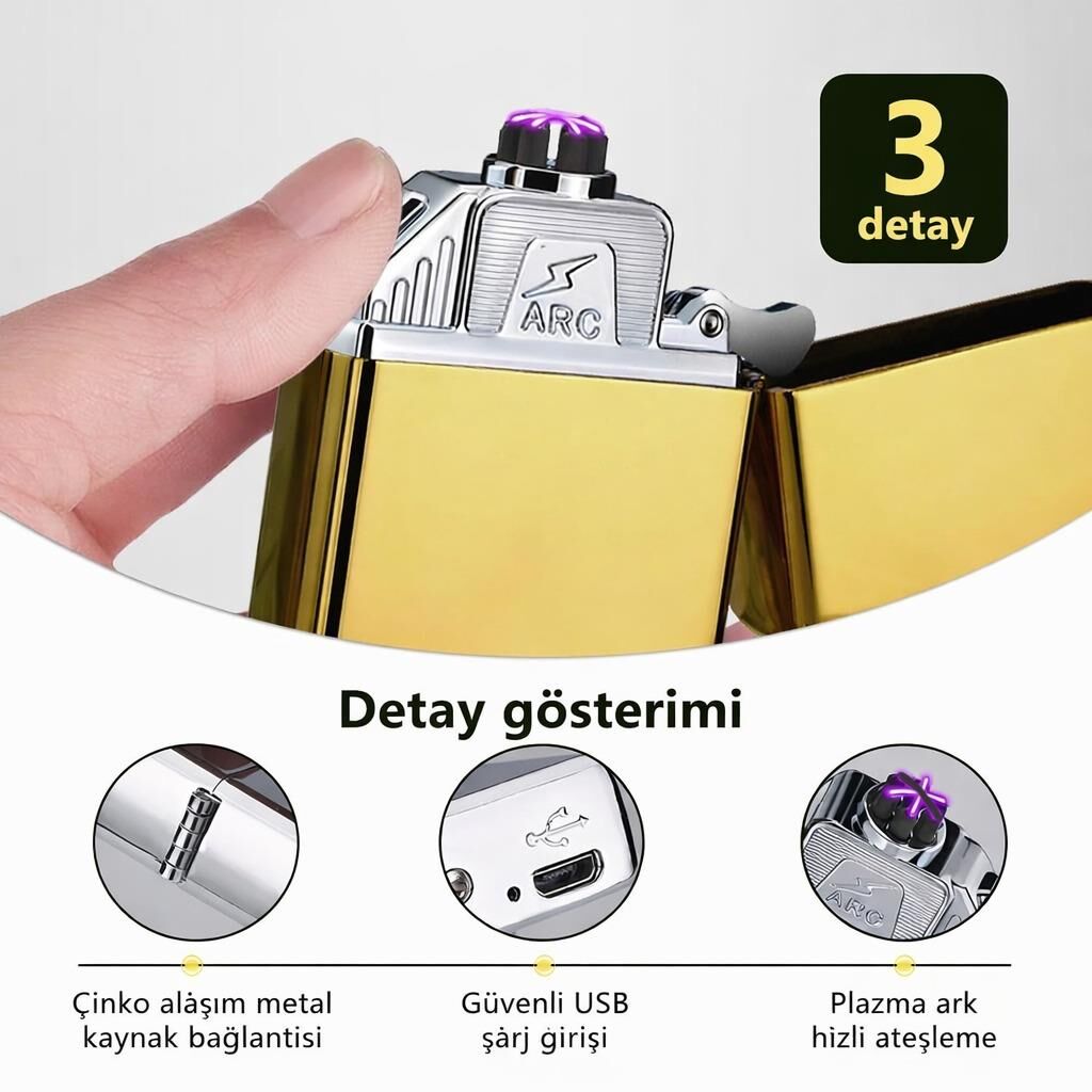 Valkyrie USB Şarjlı Elektronik Çakmak | 4 Elektrotlu X Tip Mor Arc | Rüzgar Geçirmez, Alevsiz Gold