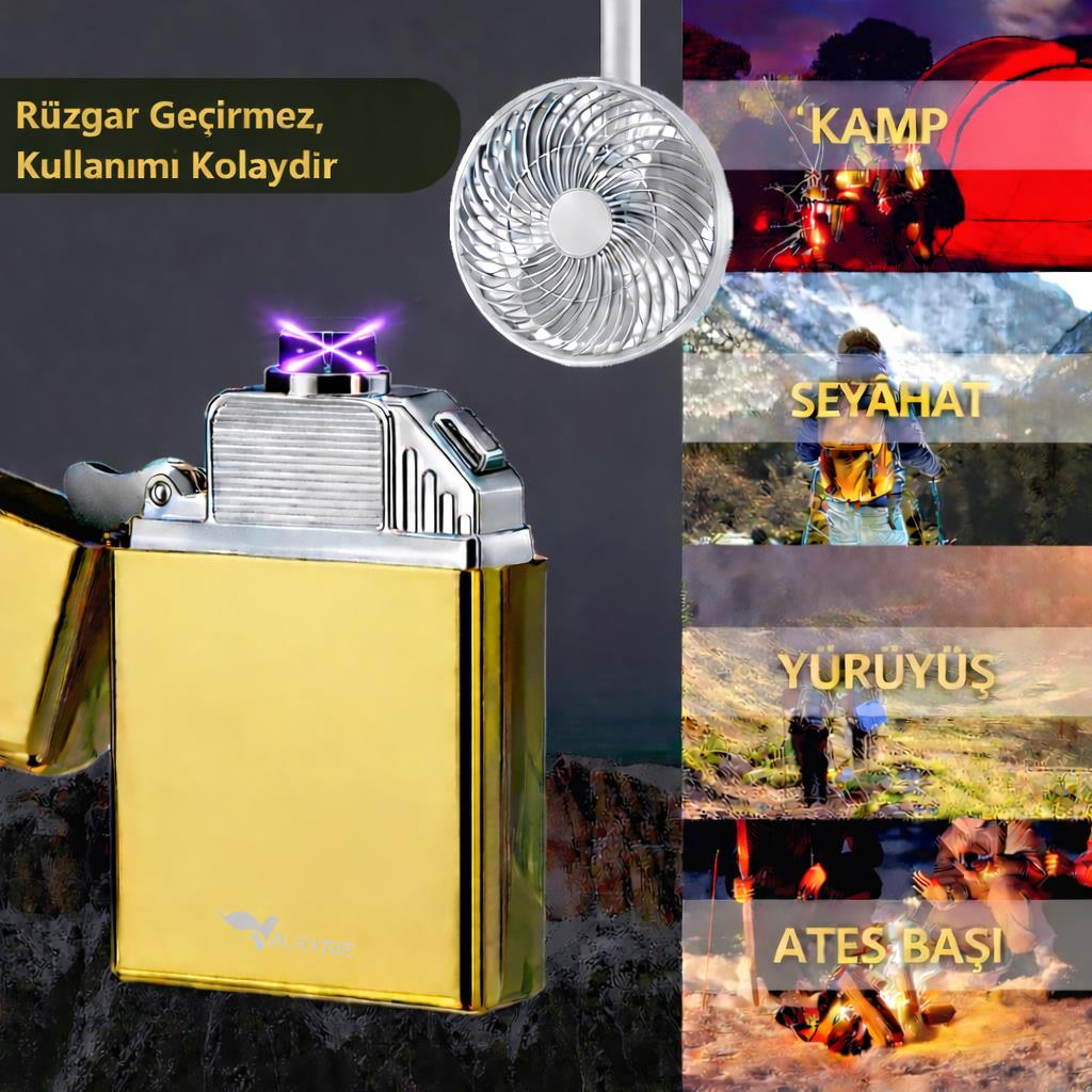 Valkyrie USB Şarjlı Elektronik Çakmak | 4 Elektrotlu X Tip Mor Arc | Rüzgar Geçirmez, Alevsiz Gold