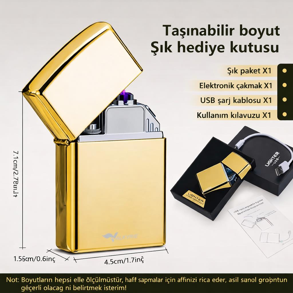 Valkyrie USB Şarjlı Elektronik Çakmak | 4 Elektrotlu X Tip Mor Arc | Rüzgar Geçirmez, Alevsiz Gold
