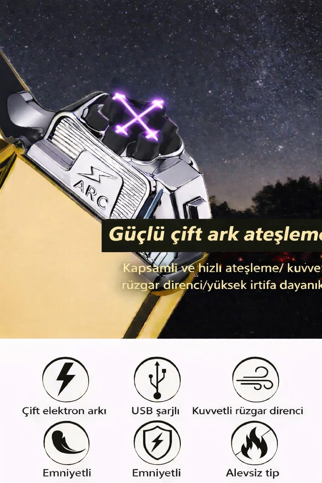 Valkyrie USB Şarjlı Elektronik Çakmak | 4 Elektrotlu X Tip Mor Arc | Rüzgar Geçirmez, Alevsiz Gold