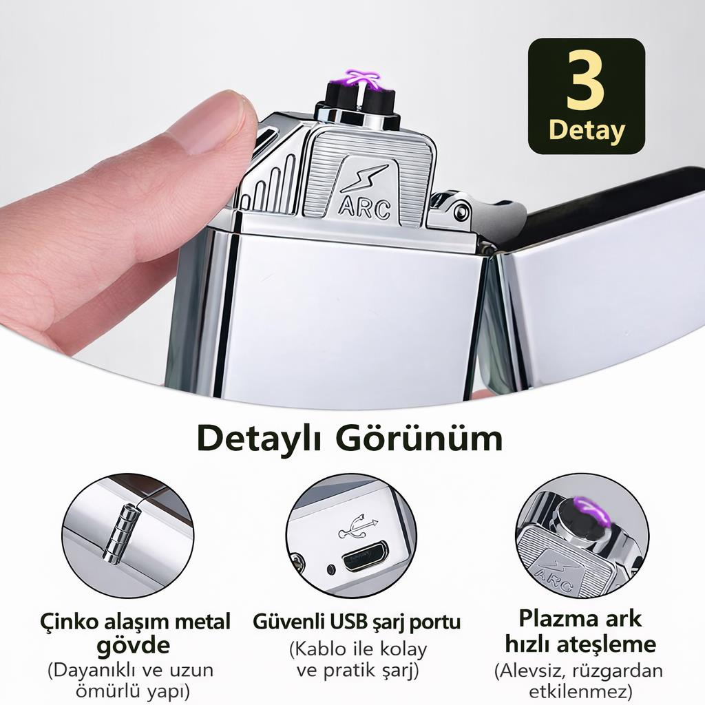Valkyrie USB Şarjlı Elektronik Çakmak | 4 Elektrotlu X Tip Mor Arc | Rüzgar Geçirmez, Alevsiz Silver