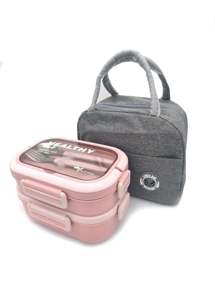 Valkyrie 304 Çelik Bölmeli Lunch Box Seti | Termal Çantalı, Bölmeli, Çatal Kaşıklı, Sızdırmaz Yemek Kabı Pembe
