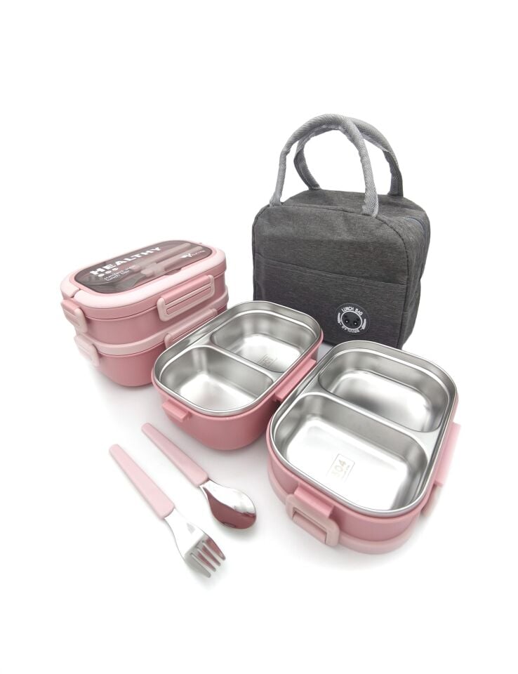 Valkyrie 304 Çelik Bölmeli Lunch Box Seti | Termal Çantalı, Bölmeli, Çatal Kaşıklı, Sızdırmaz Yemek Kabı Pembe