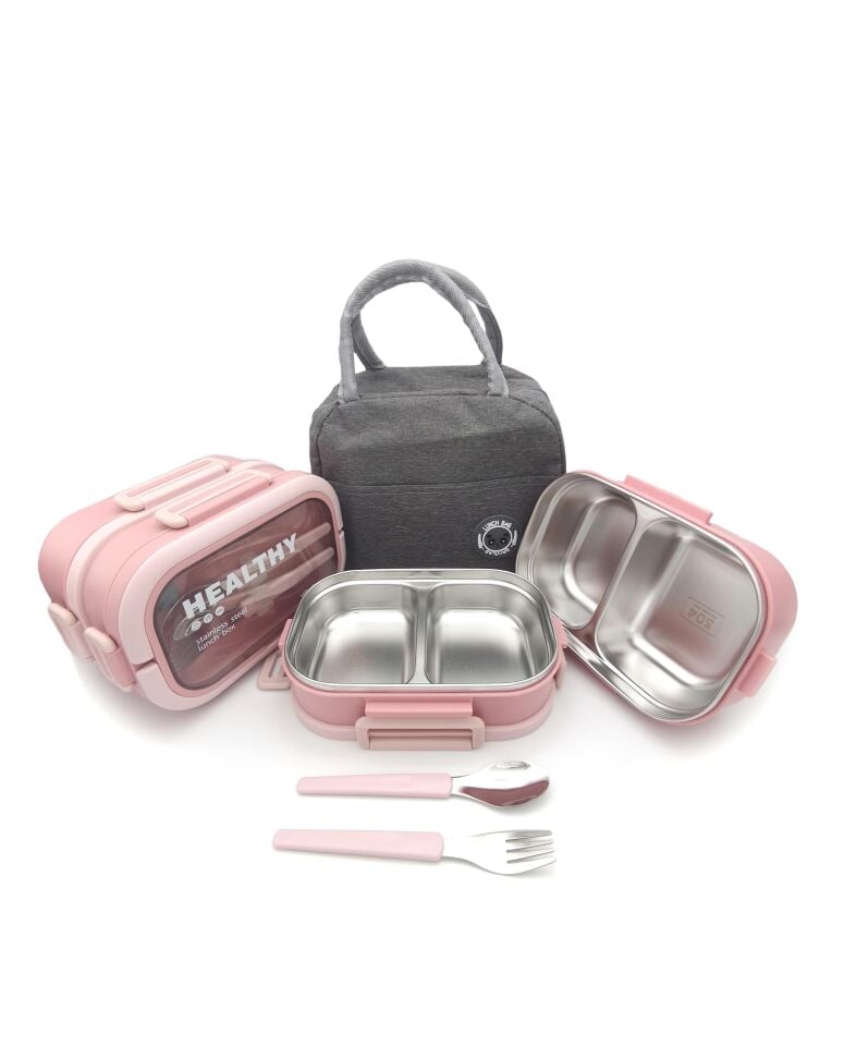 Valkyrie 304 Çelik Bölmeli Lunch Box Seti | Termal Çantalı, Bölmeli, Çatal Kaşıklı, Sızdırmaz Yemek Kabı Pembe